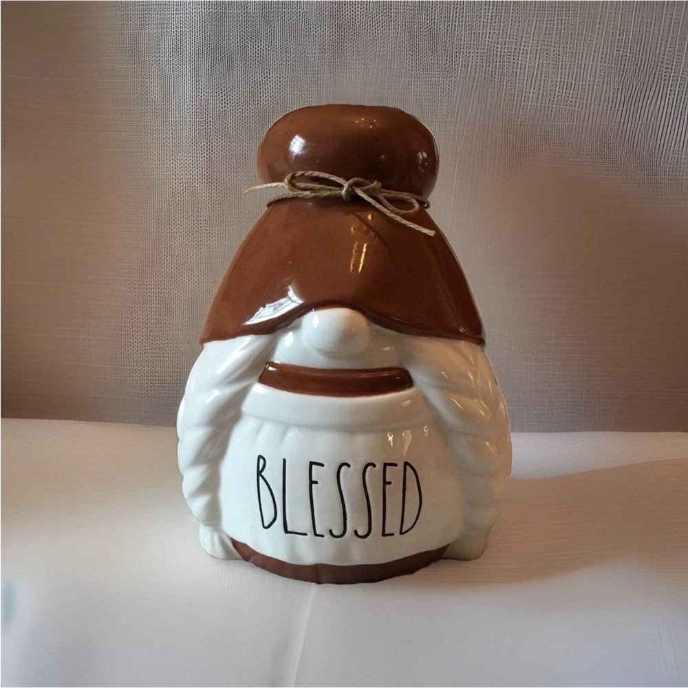 Rae Dunn Brown and White 'BLESSED' Ceramic Gnome Jar - Picture 5 of 8